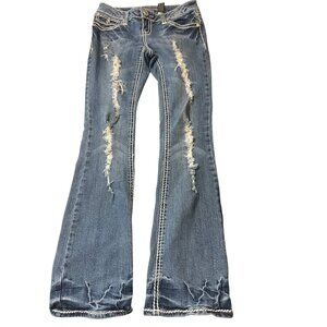 Z Co Premium Bootcut Jeans Distressed Rhinestones Low Rise Blue Denim Sz 5